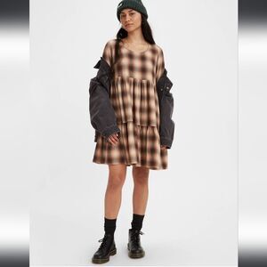 NWT Levi's ANDY BABYDOLL DRESS Brown plaid Flannel Lagenlook tier ruffle Boho XS